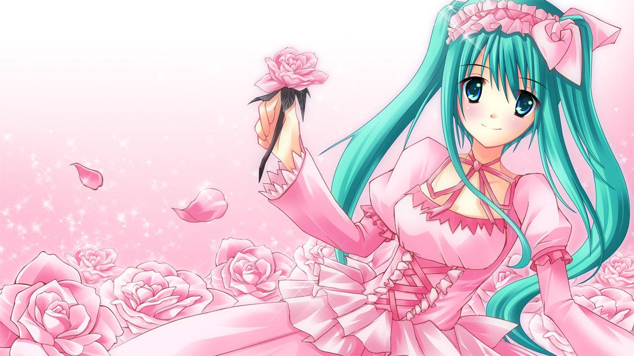 Kawaii Anime Hatsune Miku med rosa kjole og roser Bakgrunner