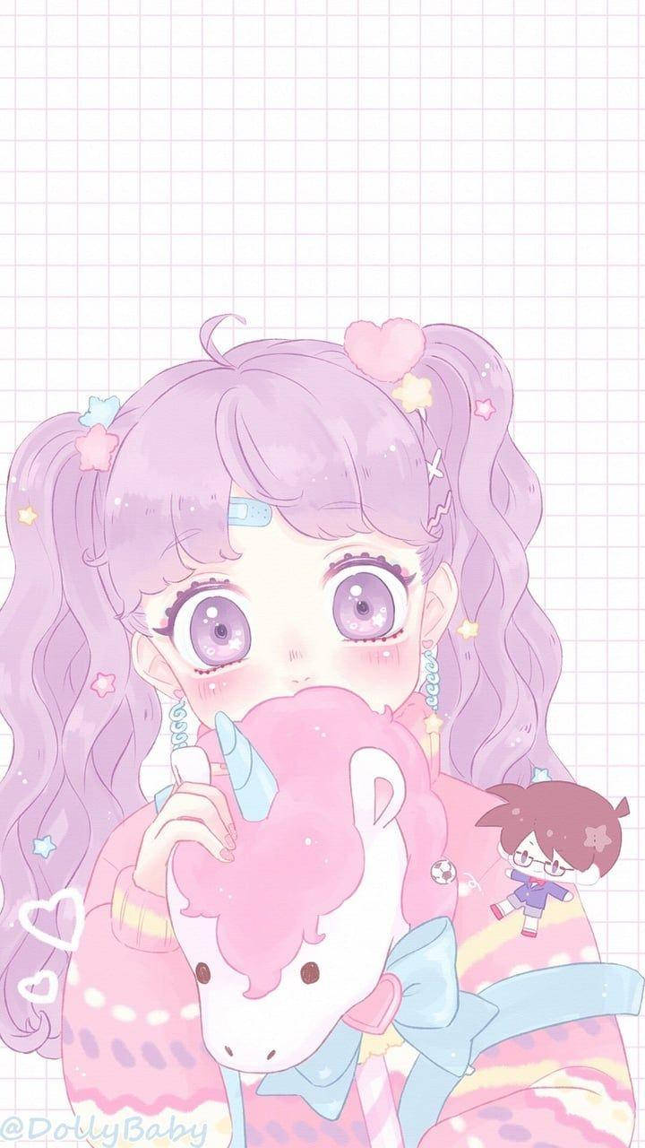 Kawaii anime-jente med utstoppet enhjørningleke Bakgrunner