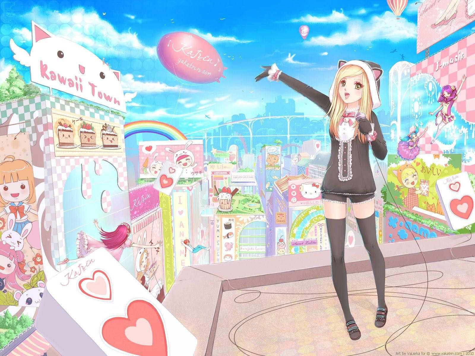 Kawaii Anime-jente omgitt av søte butikker Bakgrunner