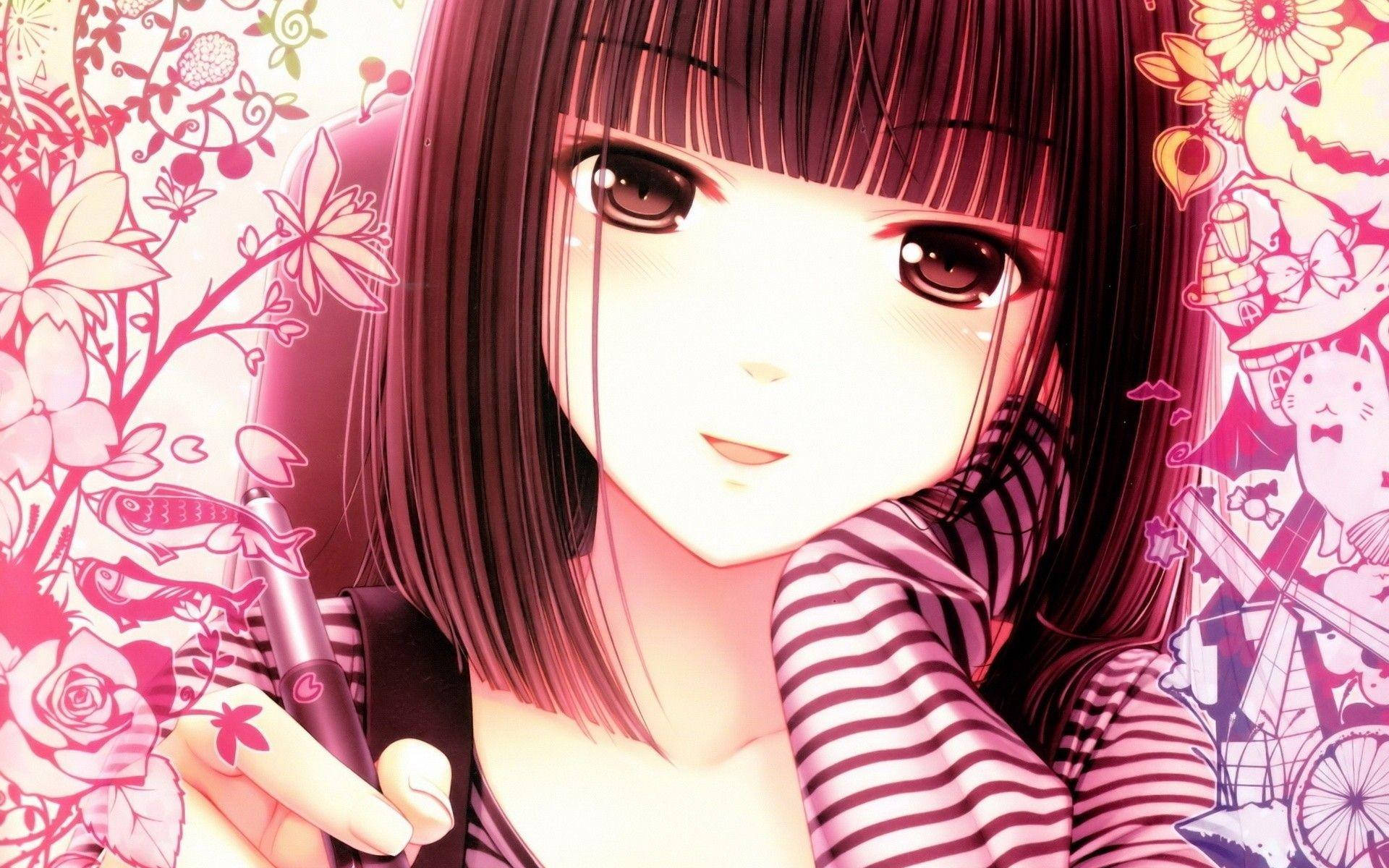 Kawaii Anime-jente som holder penn med tegninger Bakgrunner