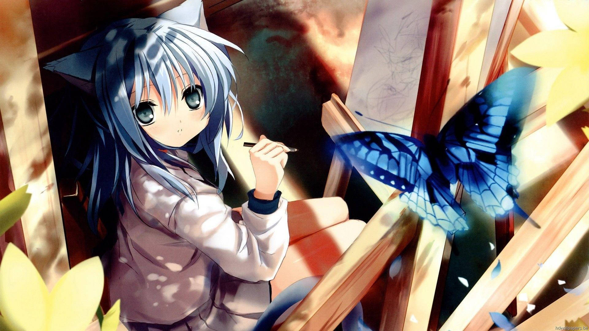 Kawaii Anime Kattejente med Sommerfugl Bakgrunner
