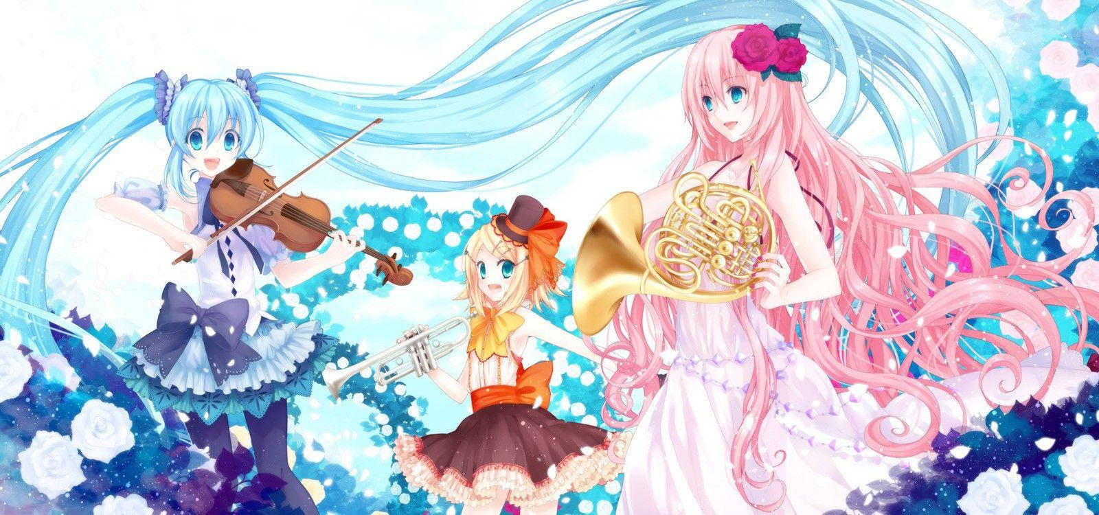 Kawaii Anime Vocaloids med instrumenter Bakgrunner