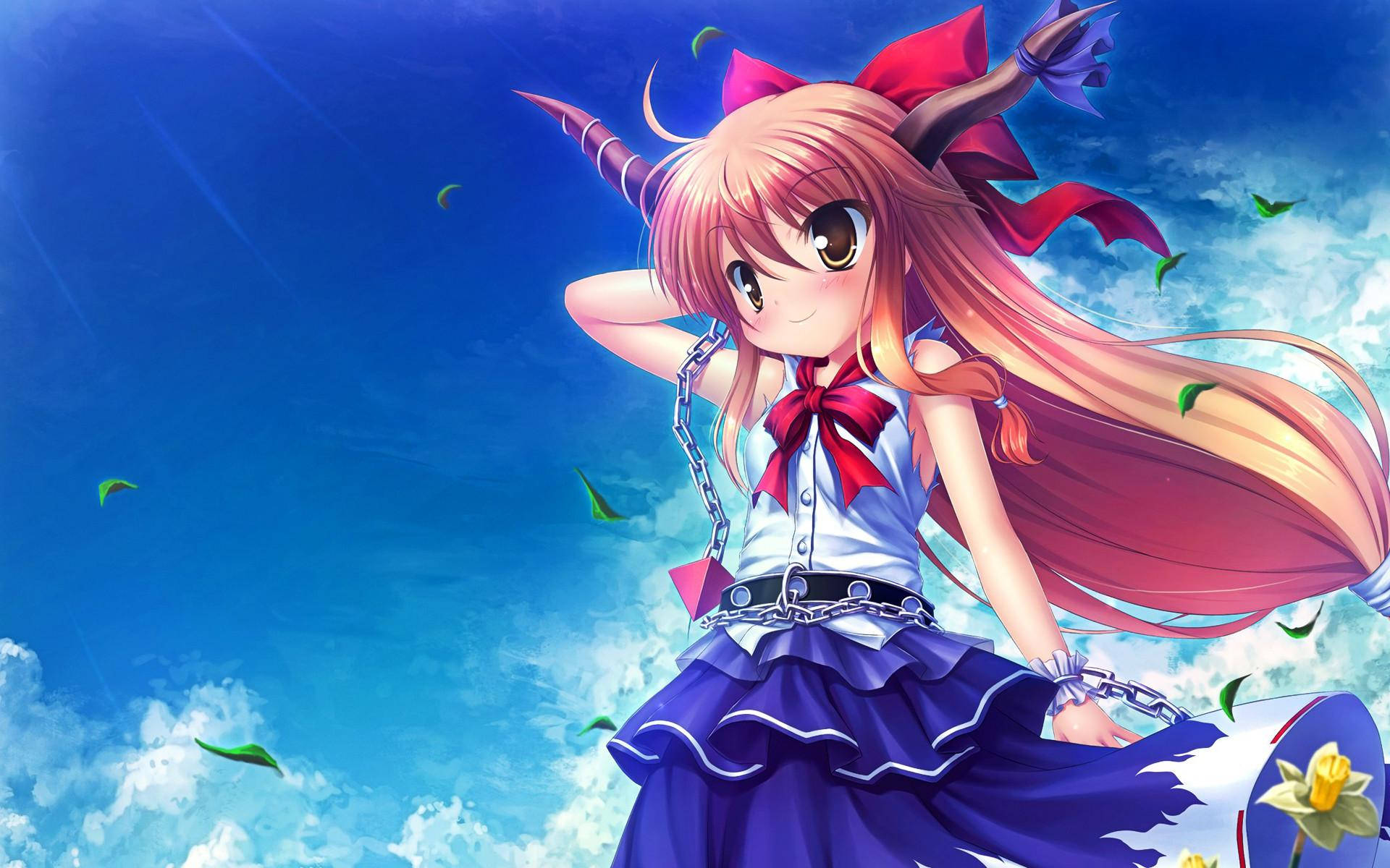 Kawaii animejente med horn og fallende løv Bakgrunner