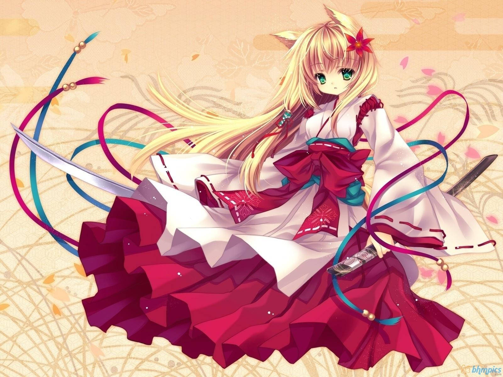 Kawaii animejente med katteører og kimono Bakgrunner