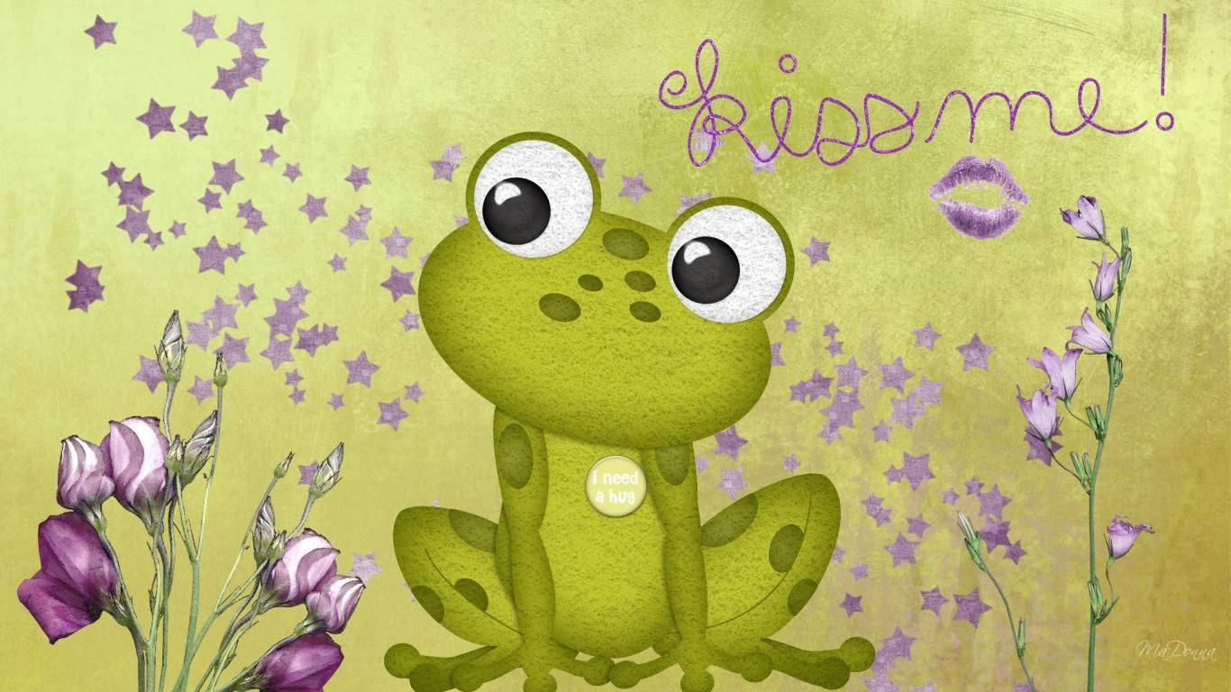 Kawaii-frosk i en blomsterhage Bakgrunner