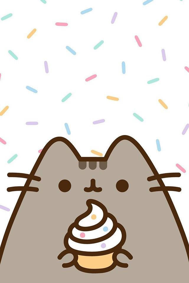 Kawaii HD Pusheen som holder en cupcake Bakgrunner