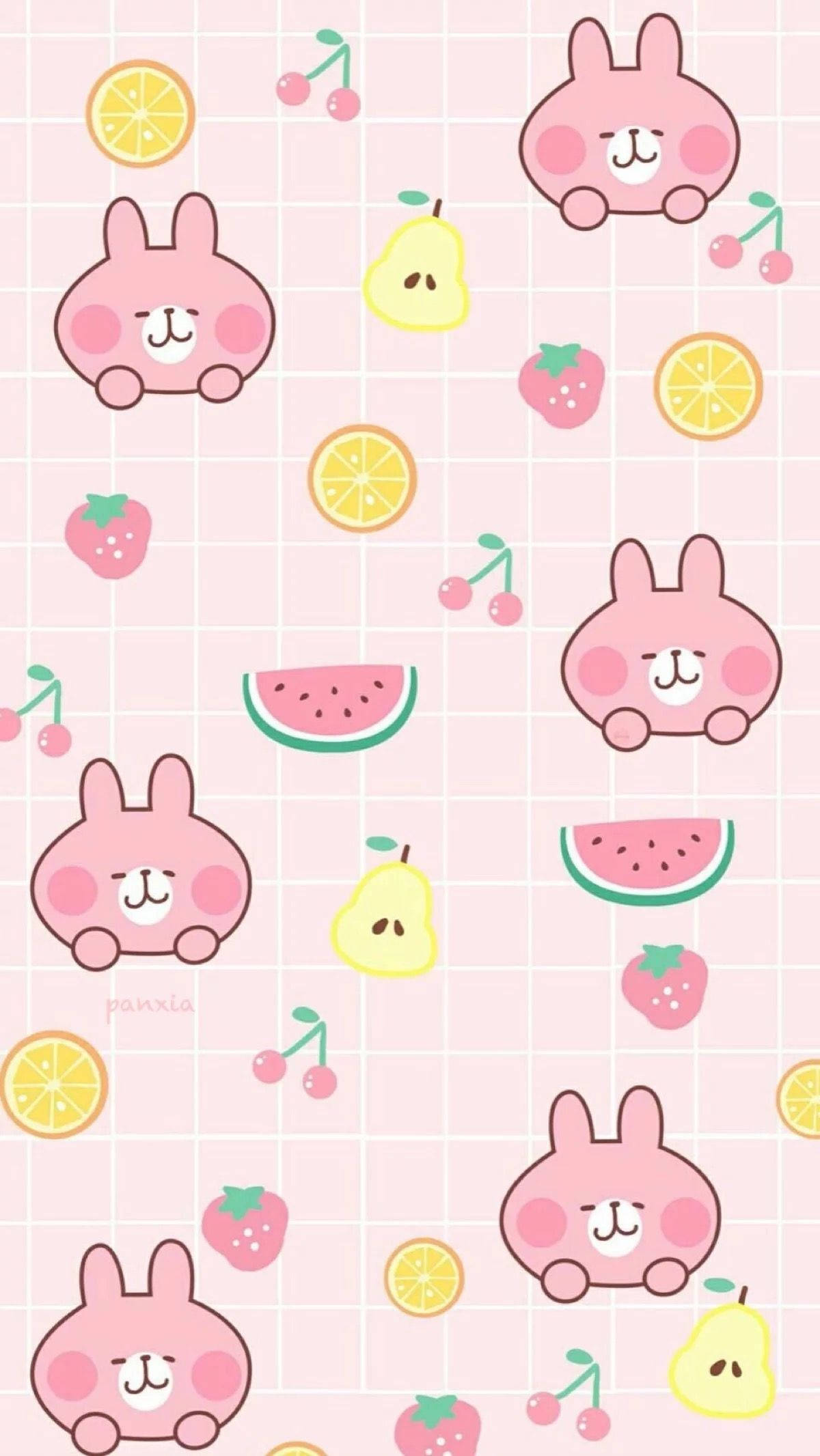 Kawaii rosa kanin og fruktkollasje Bakgrunner
