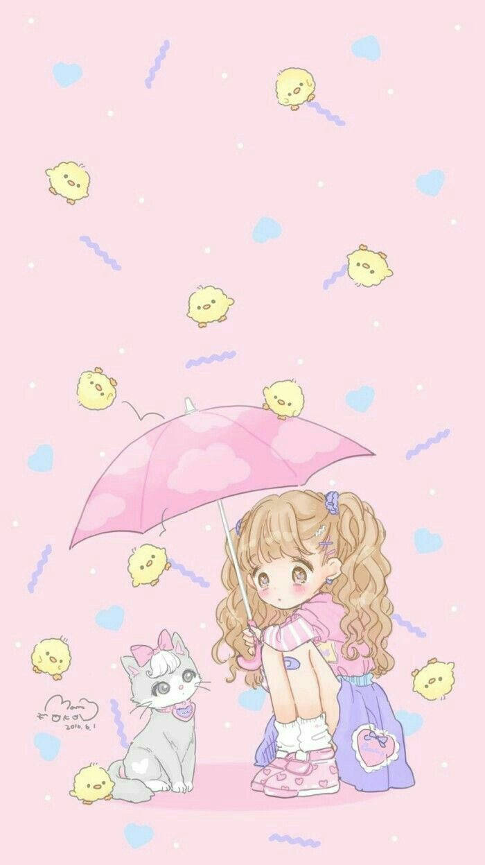 Kawaii søt jente med katten sin Bakgrunner