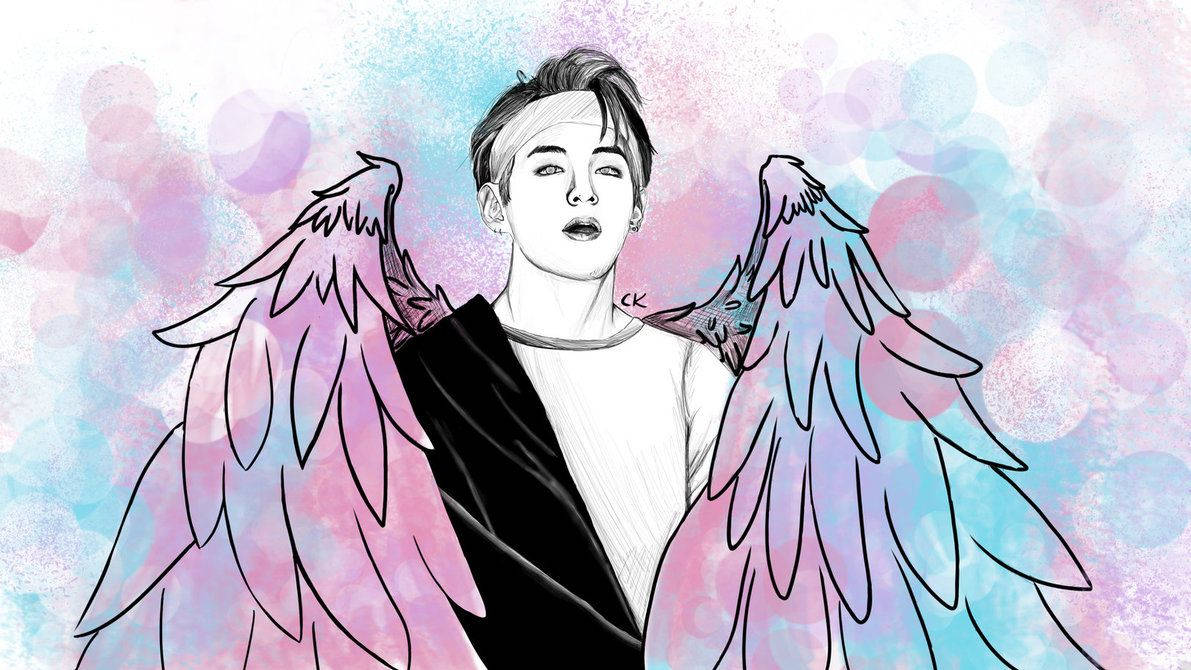 BTS Kim Taehyung fanart-tegning med rosa englevinger.