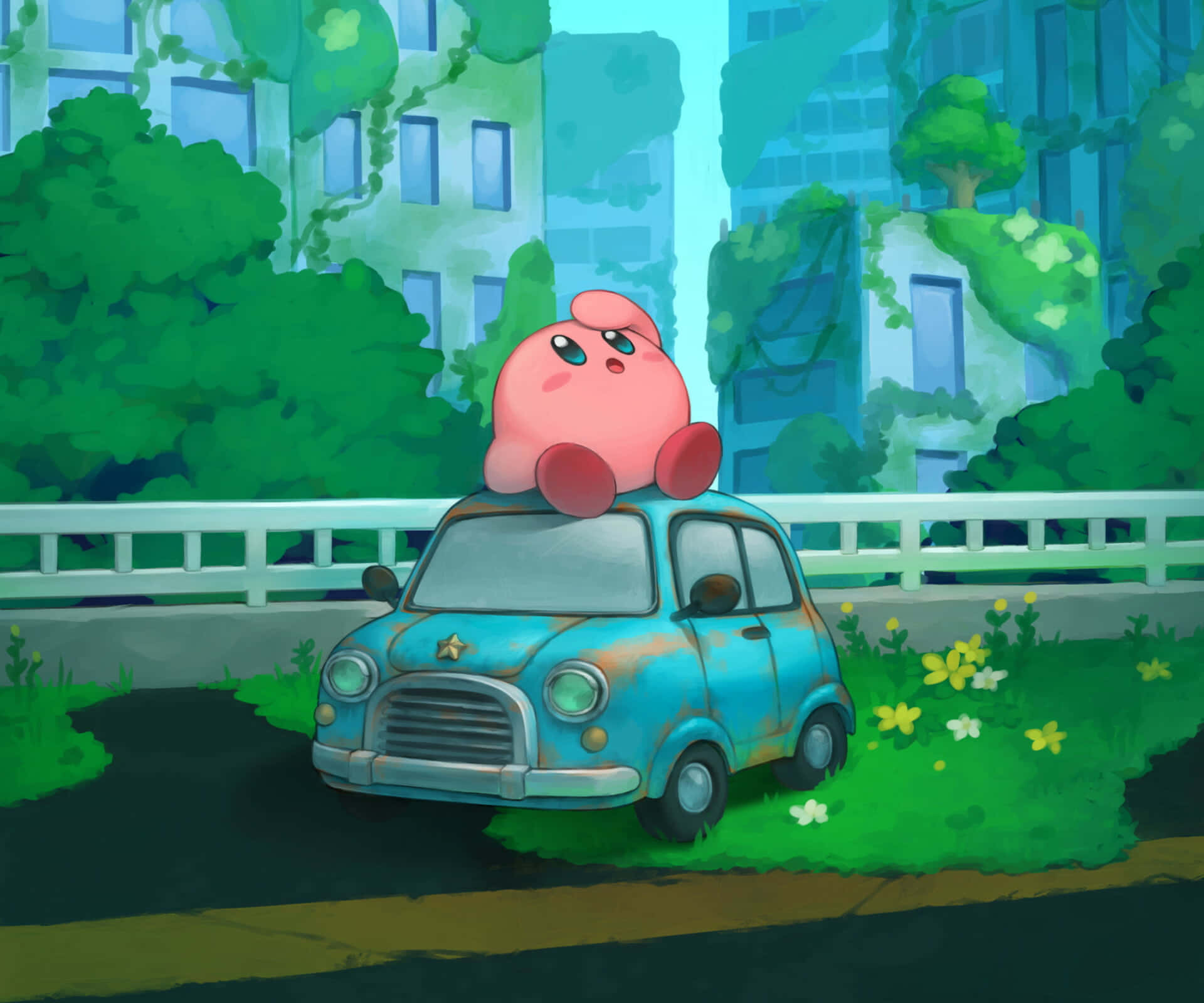 Kirby som svever gjennom skyer på den rosa himmelen Bakgrunner