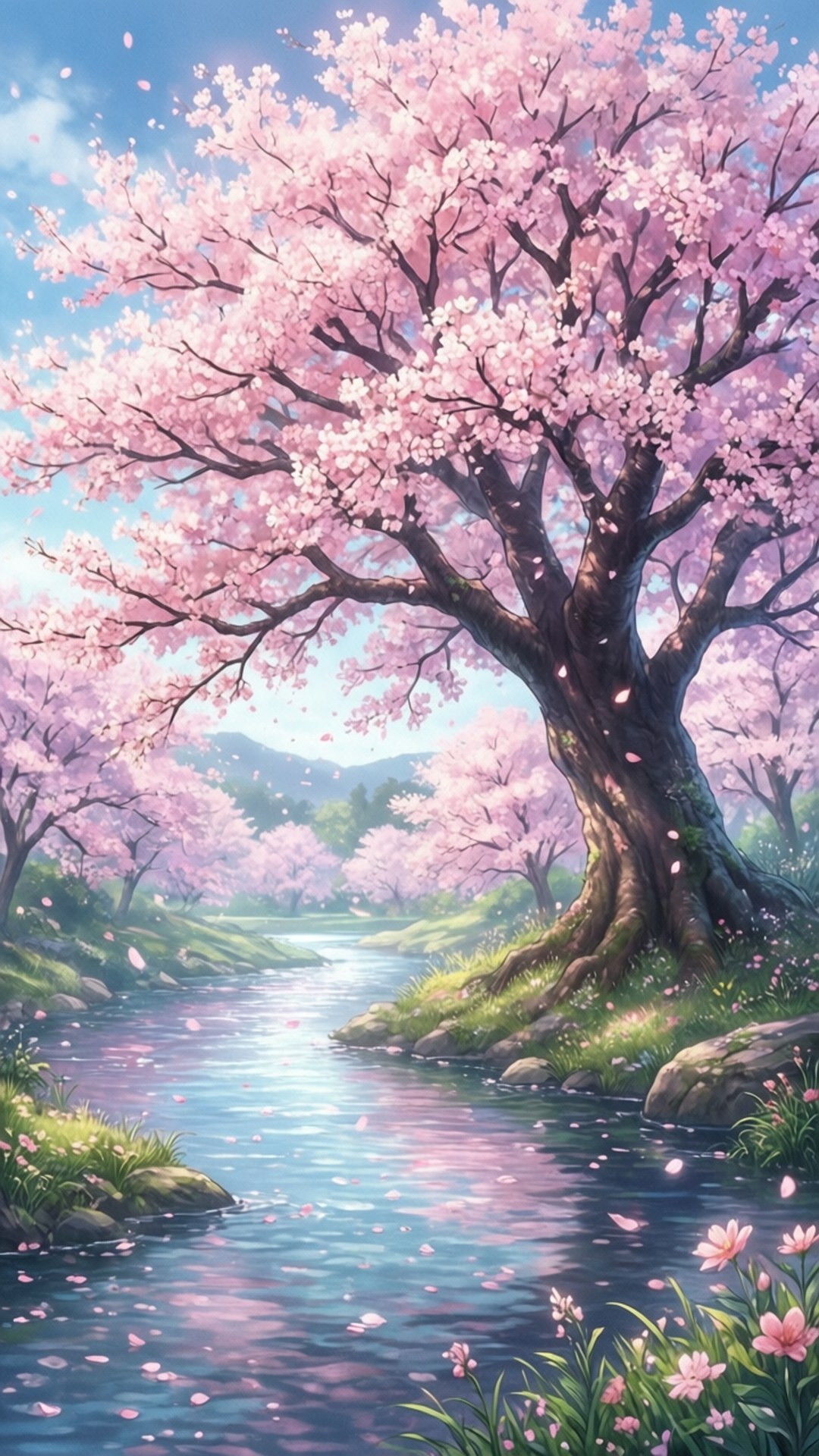 Kirsebærblomster ved elven Bakgrunner