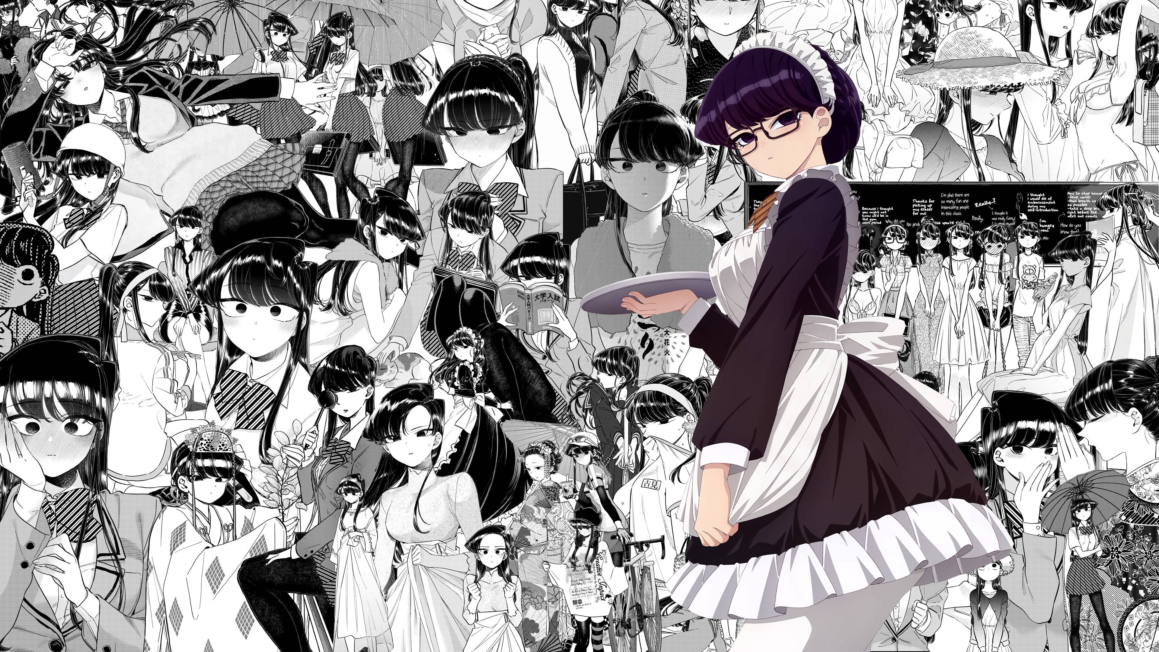 Komi San i kaféuniform collage Bakgrunner