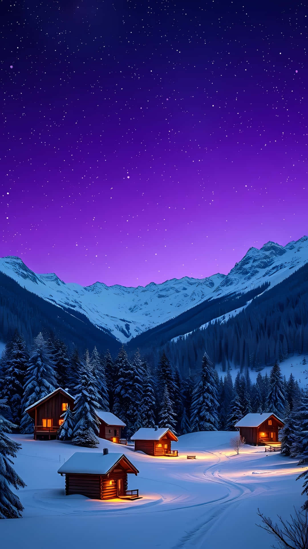 vinterhytte bakgrunn,snødekt landsby,nattehimmel,koselige lys,fjellskog,rolig vinter,mobil bakgrunn — Nattehimmel GIF Bakgrunner