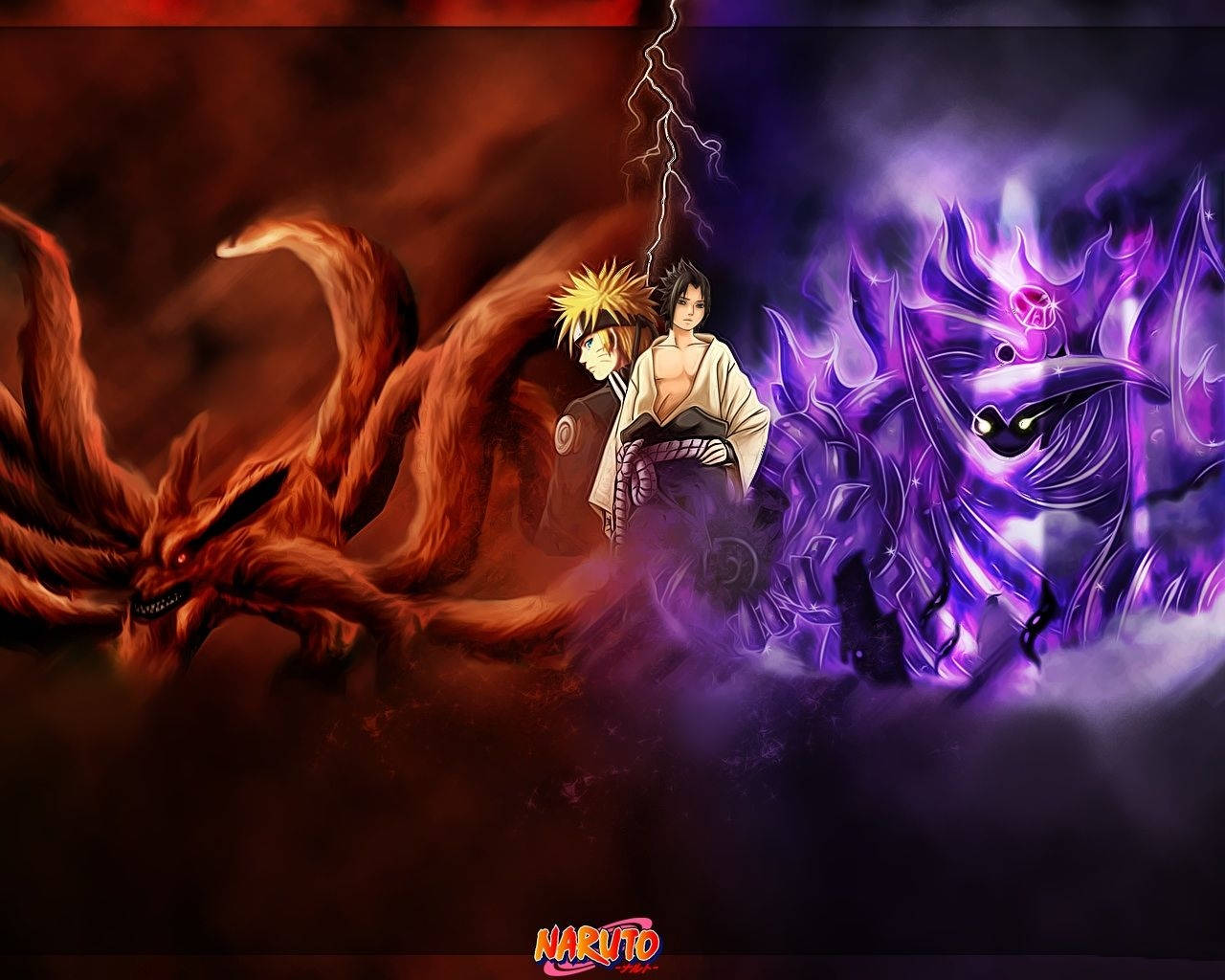 Kraftfull Naruto og Sasuke med sine beist Bakgrunner