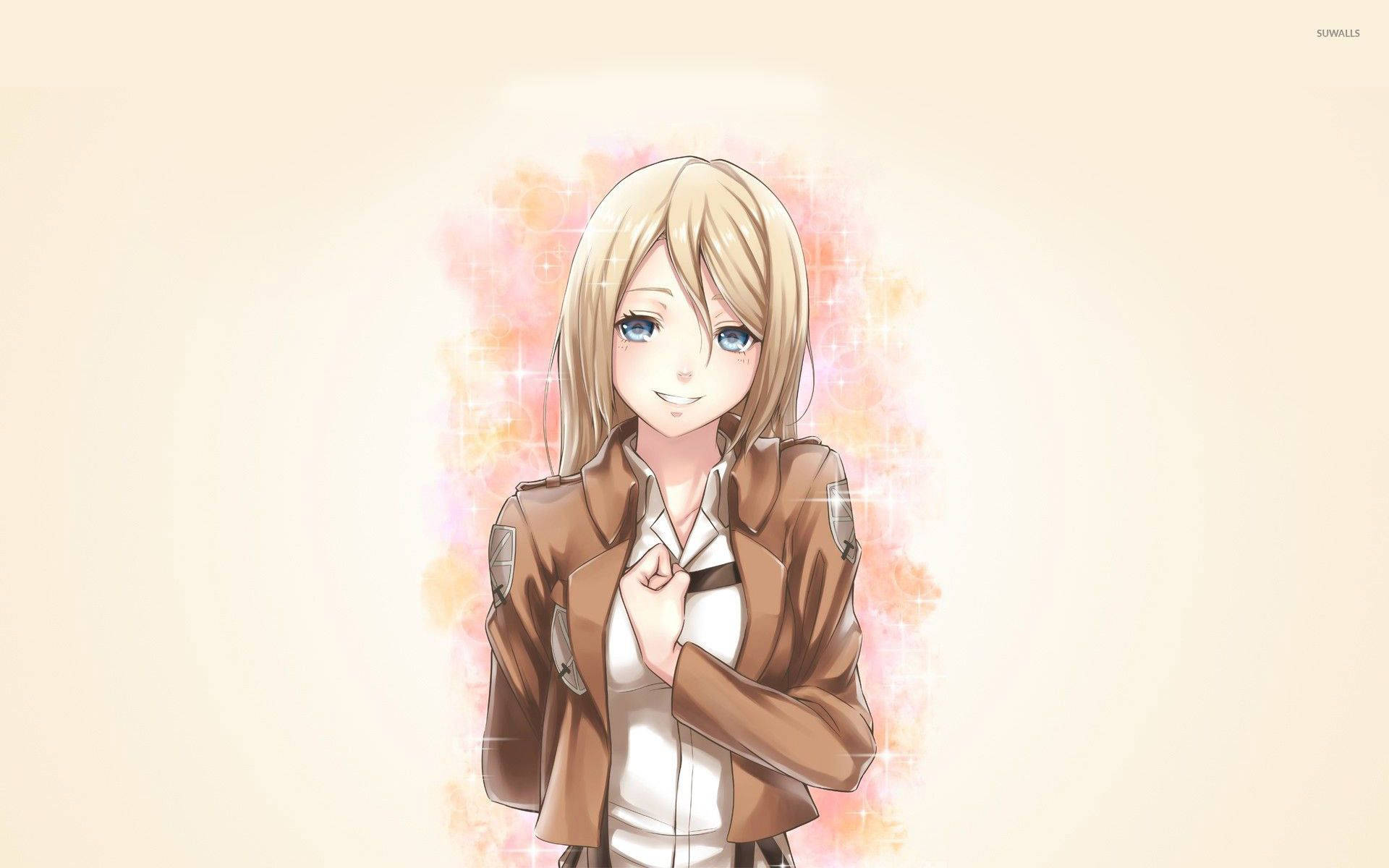 Krista Lenz Historia hilser midt i en glitrende ferskenfarget bakgrunn i Attack on Titan-bakgrunnsbilde.