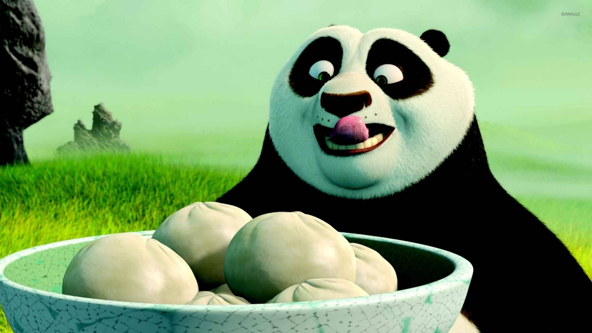 Kung Fu Panda Klar til å Spise Boller med Svinekjøtt Bakgrunner