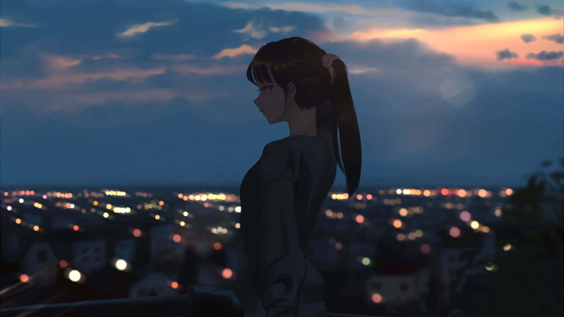 Kvinne ser ut over nattlig anime-bymiljø Bakgrunner