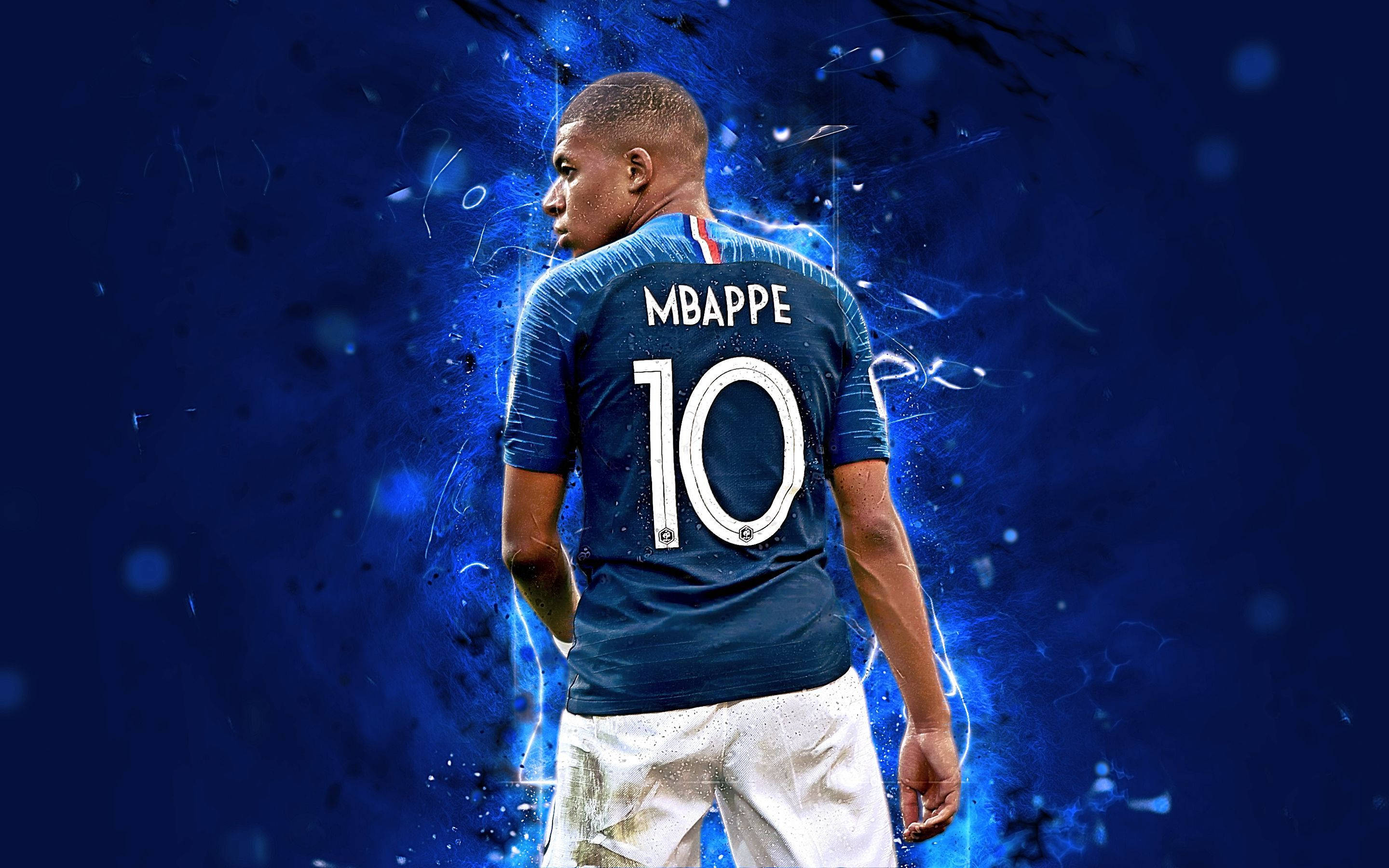 Kylian Mbappé i blå drakt med nummer 10 4K Fanart Bakgrunner