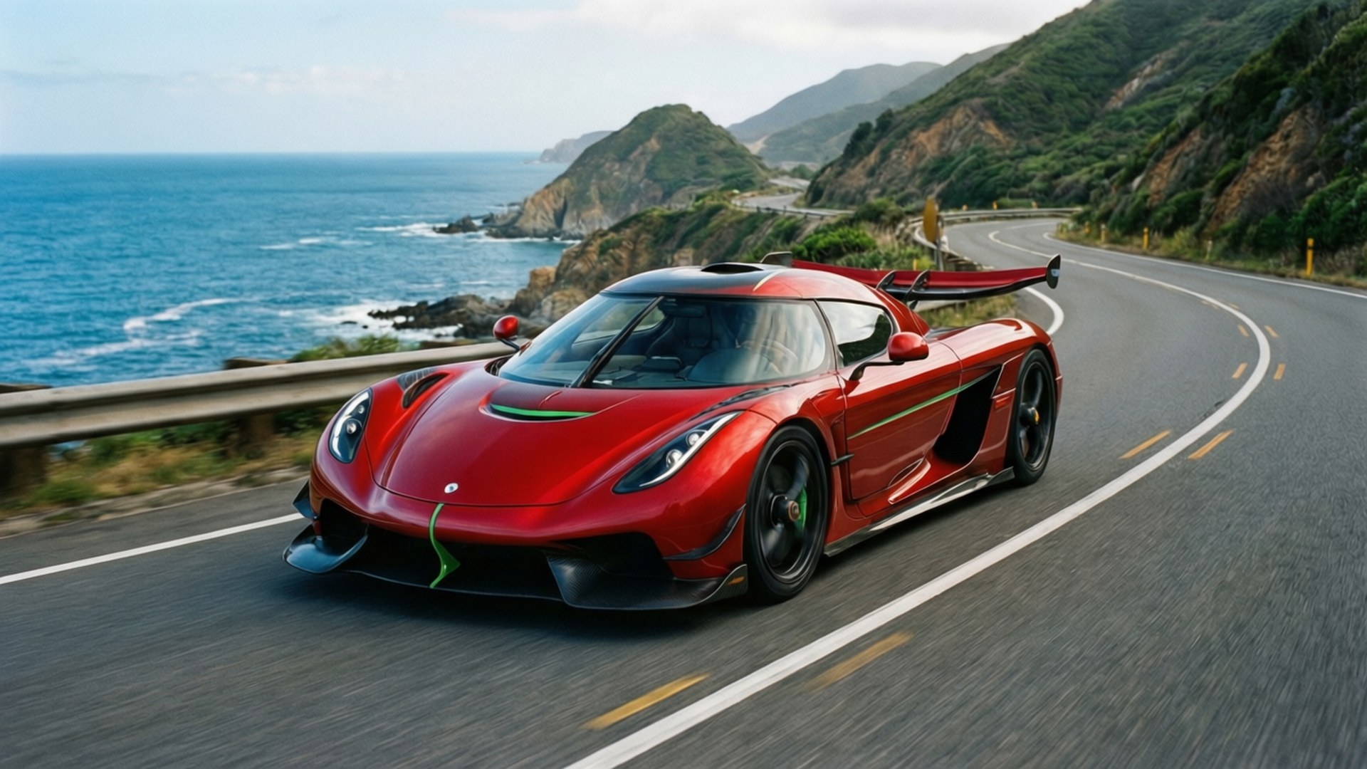 En rød Koenigsegg Regera klemmer seg inn i en sving langs kysten med hav og åser. — Kule biler GIF Bakgrunner