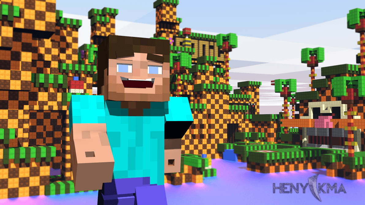 «Leende Steve nyter solskinnet i en verden av Minecraft-klosser» Bakgrunner