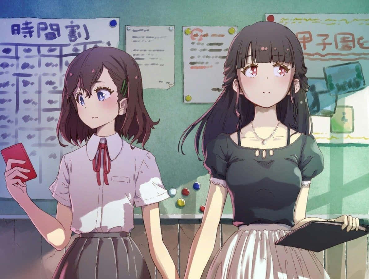Lesbisk anime-skolejente i klasserom Bakgrunner