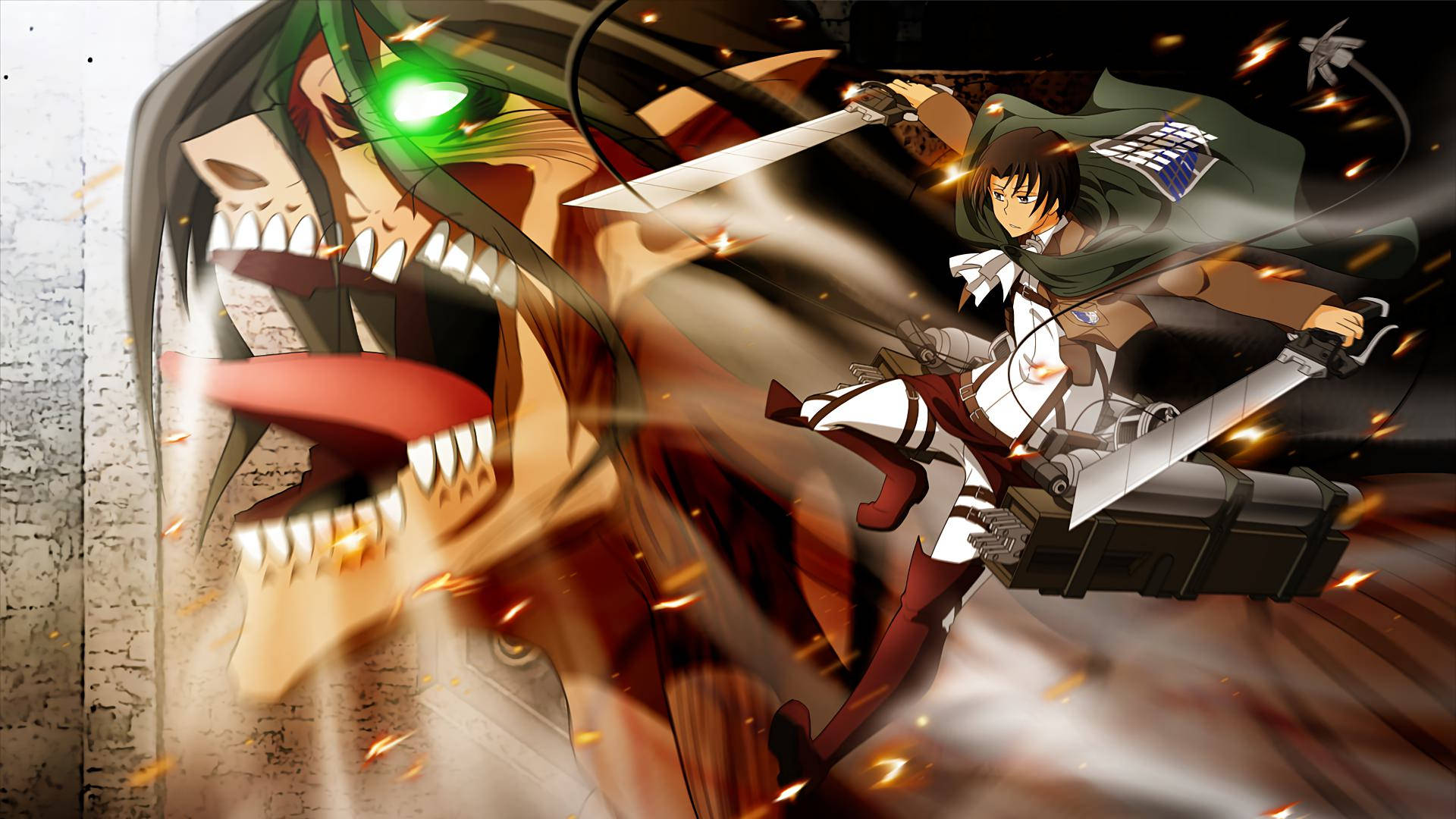Levi med vinger i ODM-utstyret sitt ved siden av Erens Angrepstitan-form i Attack on Titan fan art-bakgrunnsbilde.
