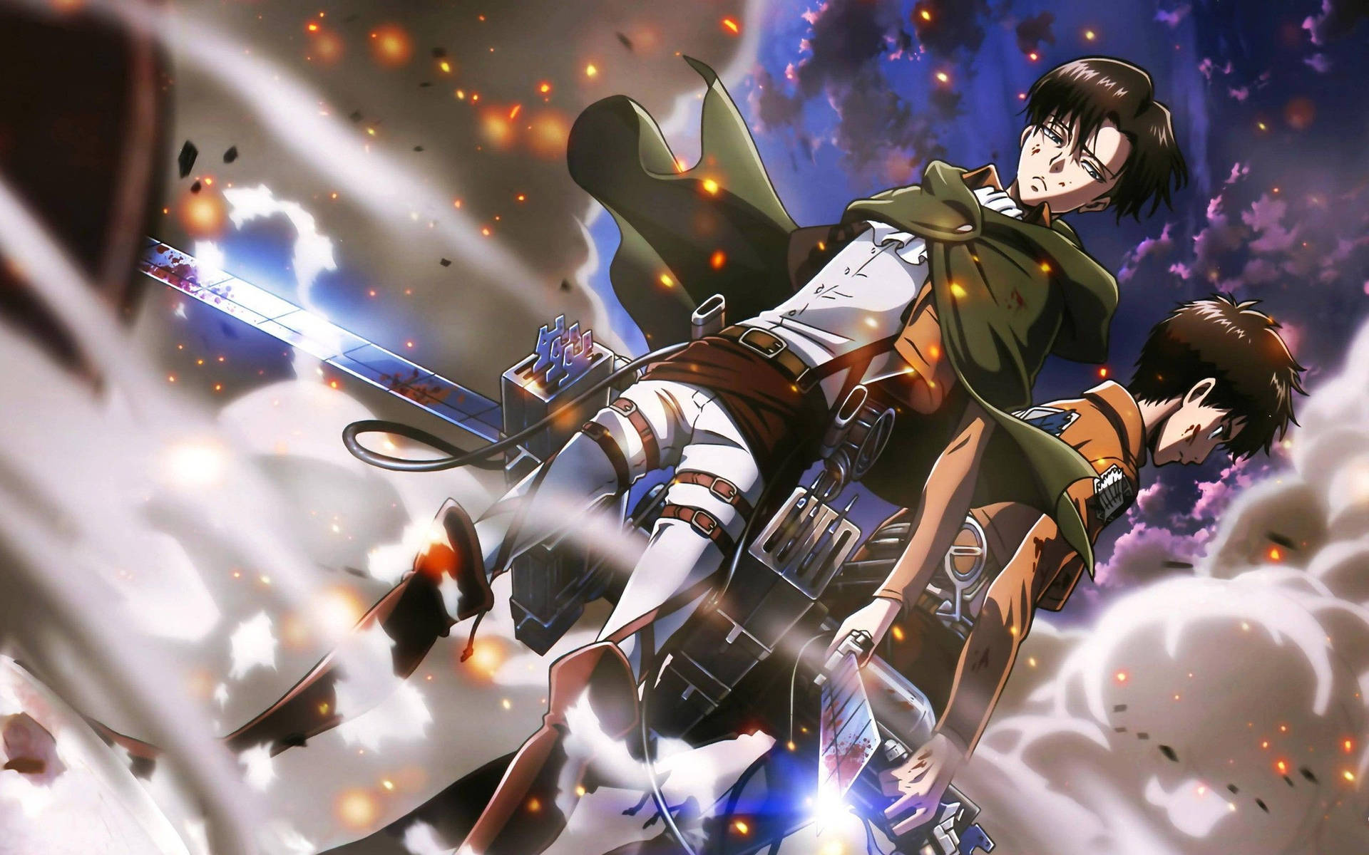 Levi og Eren i et teaserbilde av Attack on Titan-bakgrunnsbilde.