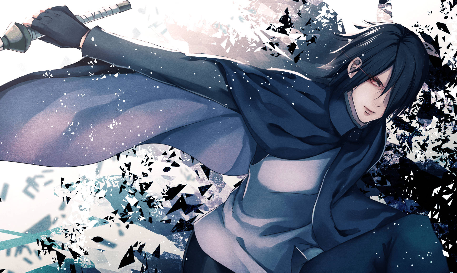 Tapet av Sasuke Uchiha iført den svarte Lightning Flicker-kappen.