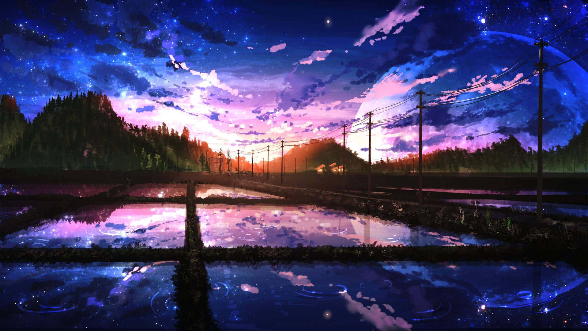 Lilla himmel over jordbruksland vakkert anime-landskap Bakgrunner