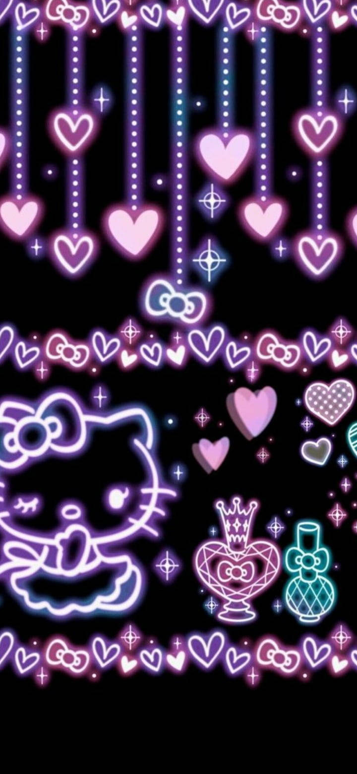 Lilla neon Hello Kitty på svart Bakgrunner