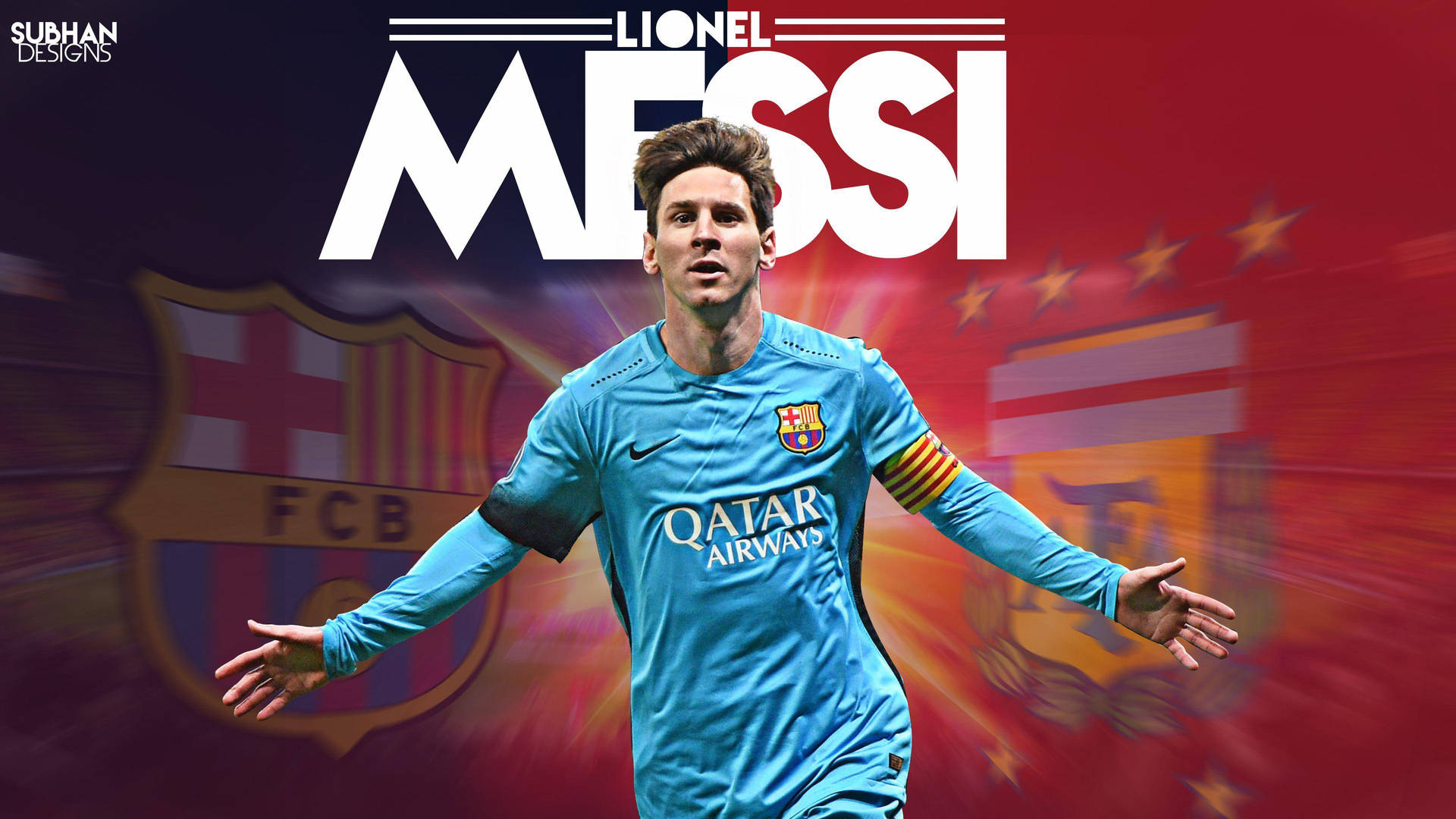 Lionel Messi med FCB og AFA-laglogoer bakgrunn