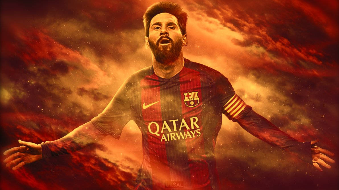 Digital kunstbakgrunn av Lionel Messi på abstrakt oransje ild