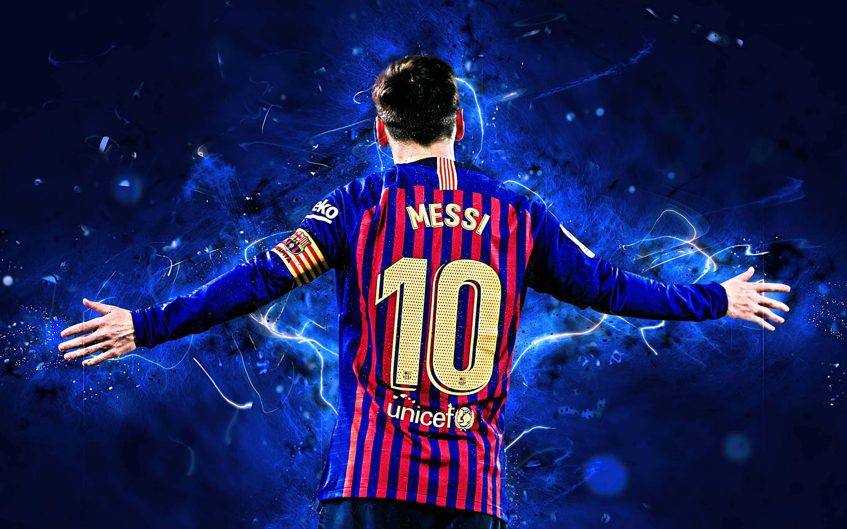 Lionel Messi dribler rundt forsvareren sin omgitt av en fargerik solnedgang. Bakgrunner