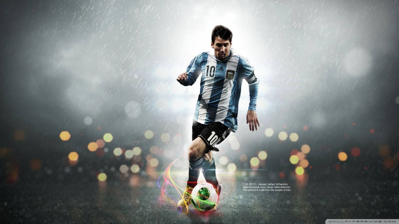 Fan art bakgrunnsbilde av Lionel Messi som spiller fotball i regnet