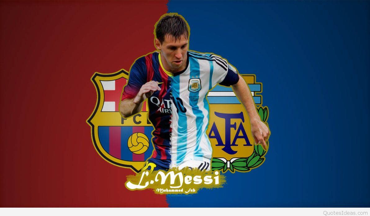 Fan-kunst bakgrunn av Lionel Messi med FCB- og AFA-logoer