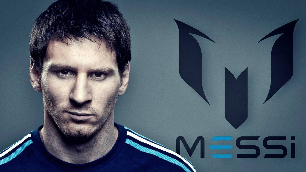 Fotballspiller Lionel Messi og skreddersydd M-logo bakgrunn