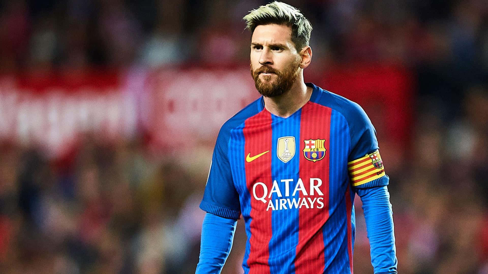 Lionel Messi, kaptein for FC Barcelona, i et spektakulært actionbilde. Bakgrunner