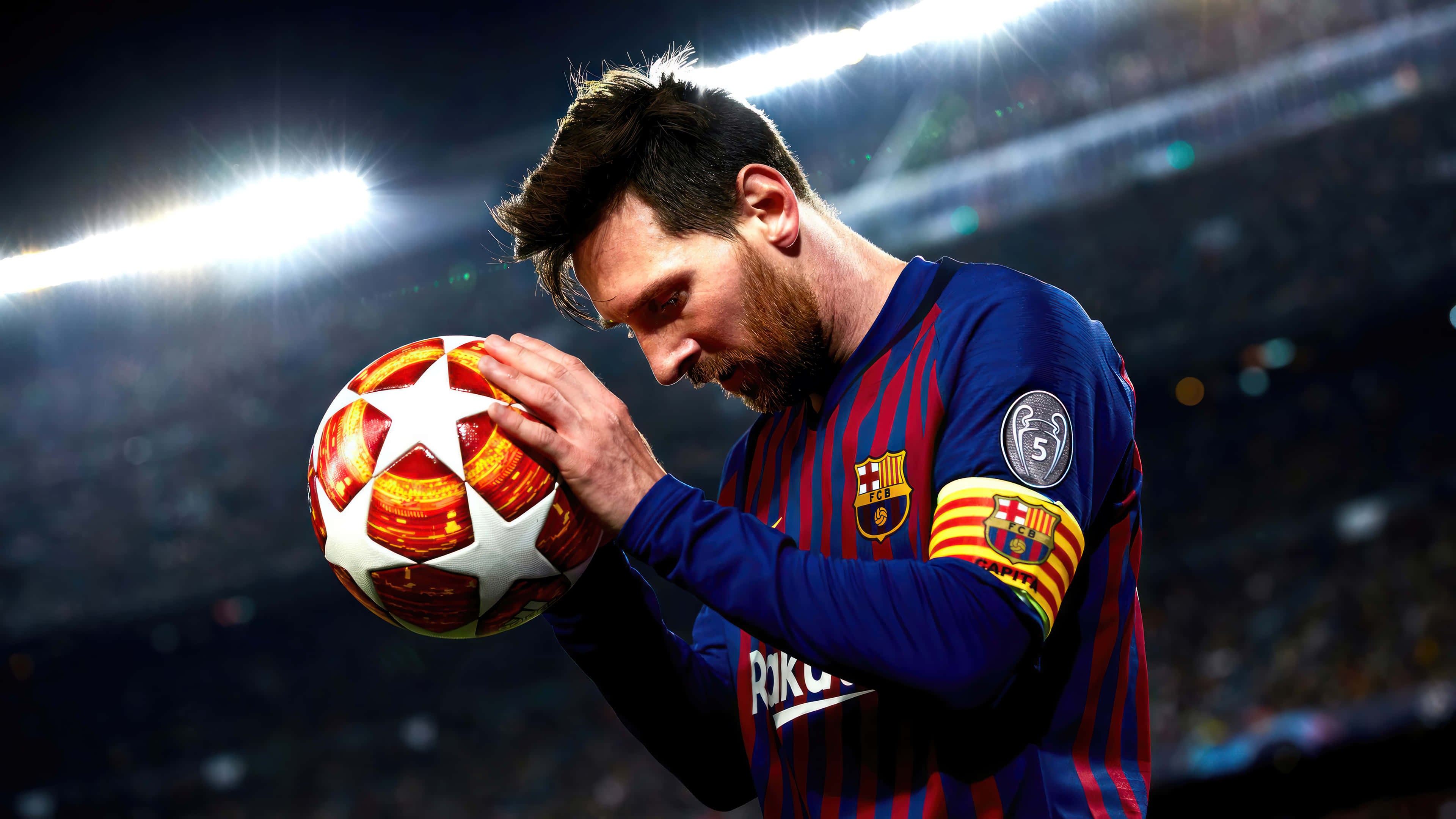 Lionel Messi kontrollerer ballen med letthet. Bakgrunner