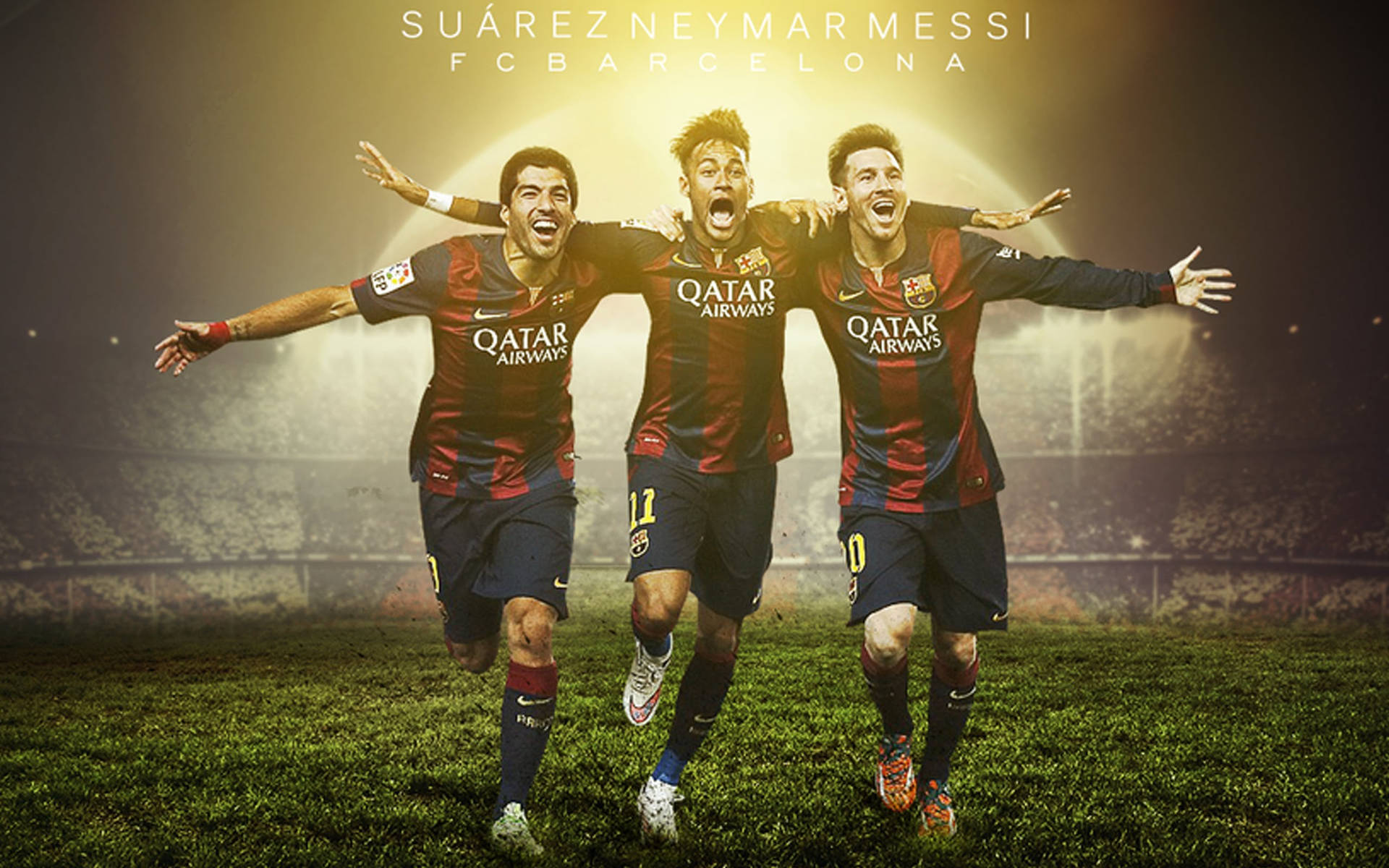Lionel Messi, Luis Suarez og Neymar Jr. fra FC Barcelona i en kamp. Bakgrunner