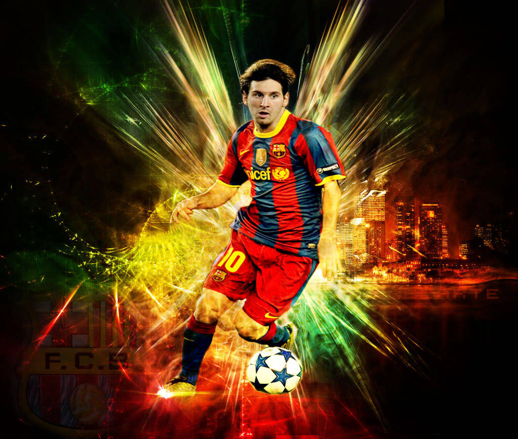 Lionel Messi med sterke lys og bysilhuett kunst-bakgrunn