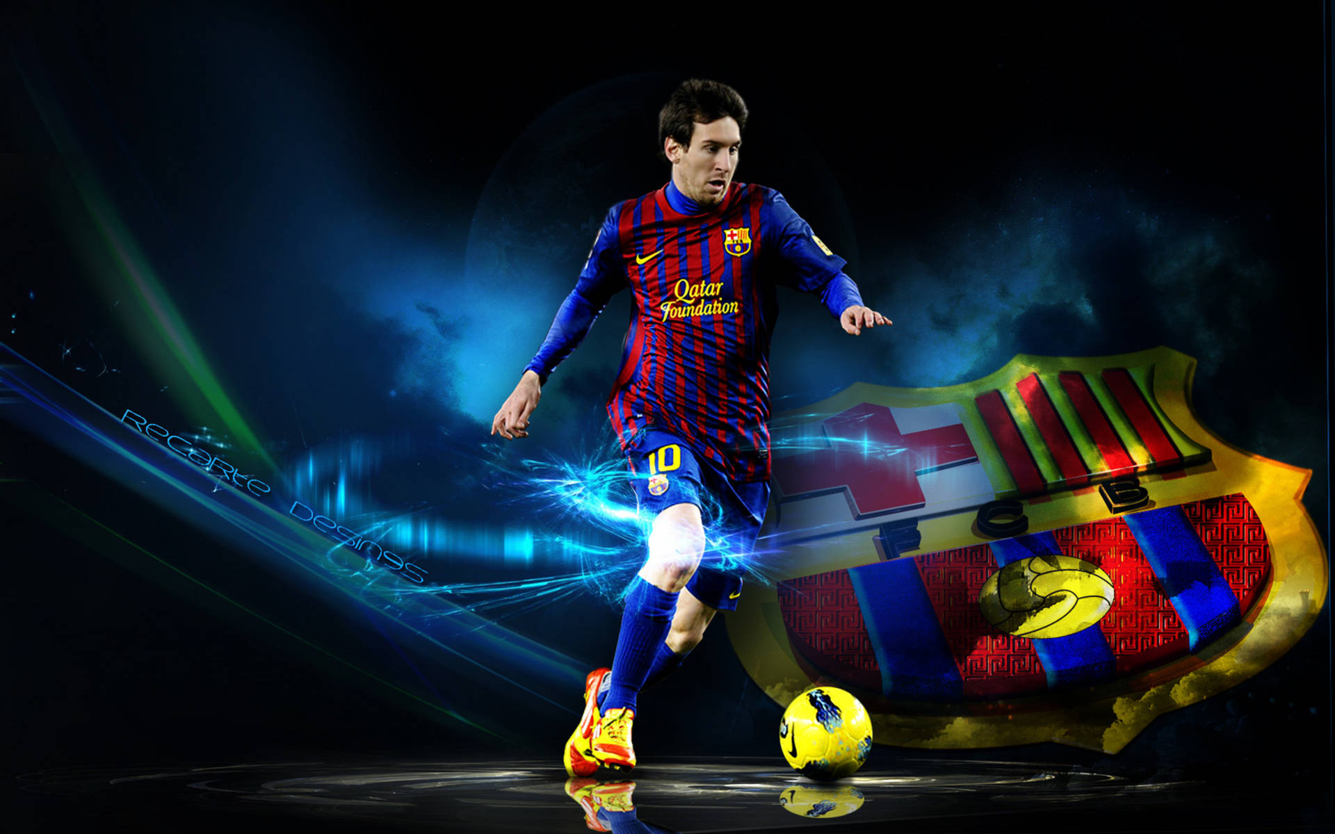 Lionel Messi med 3D FC Barcelona-logo kunst bakgrunnsbilde