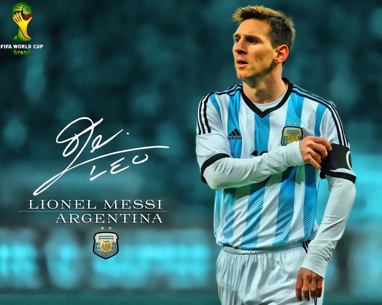 Argentina-spilleren Lionel Messi med signatur-bakgrunn