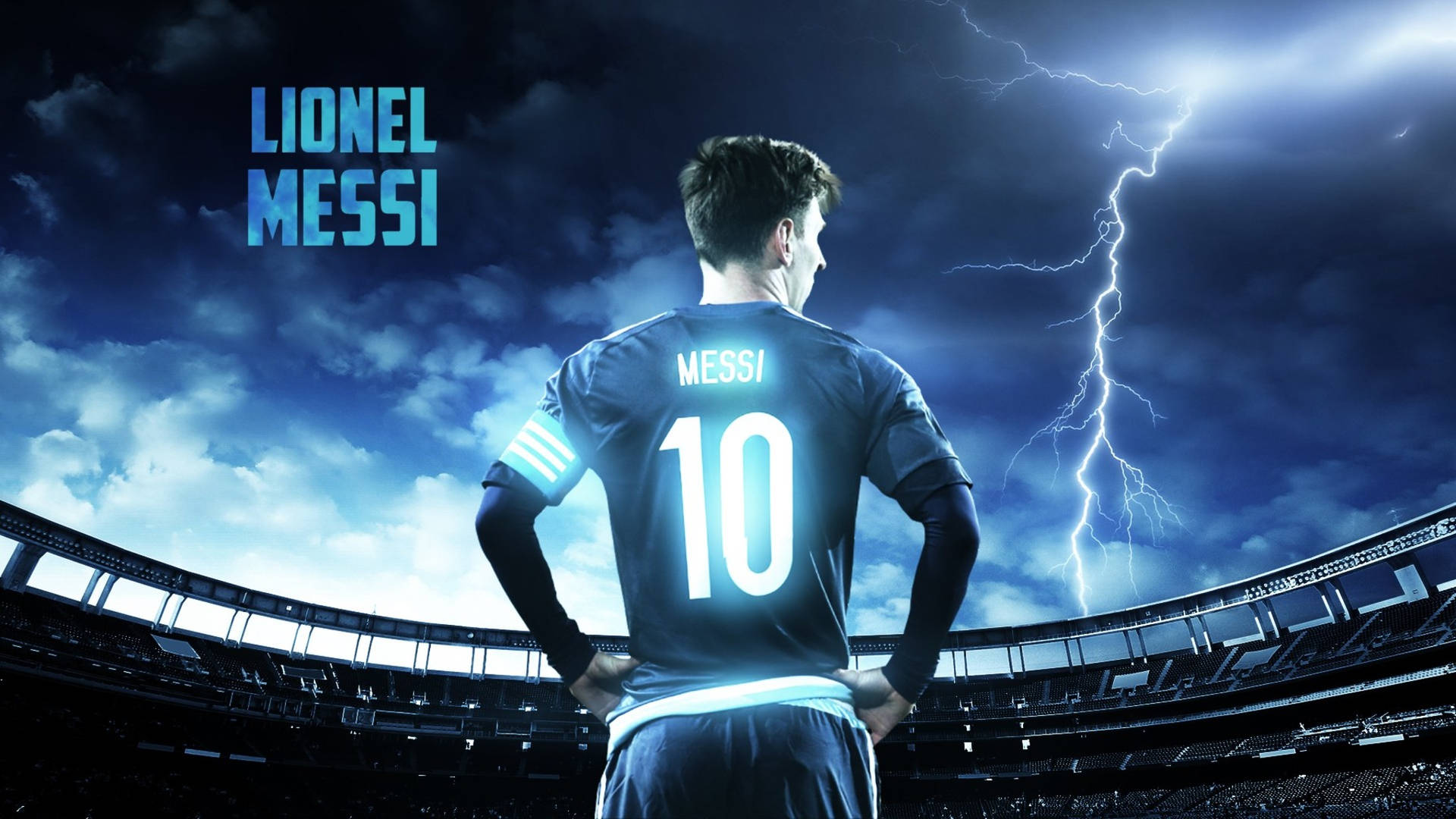 Lionel Messi på stadion under blå lynhimmel bakgrunnsbilde