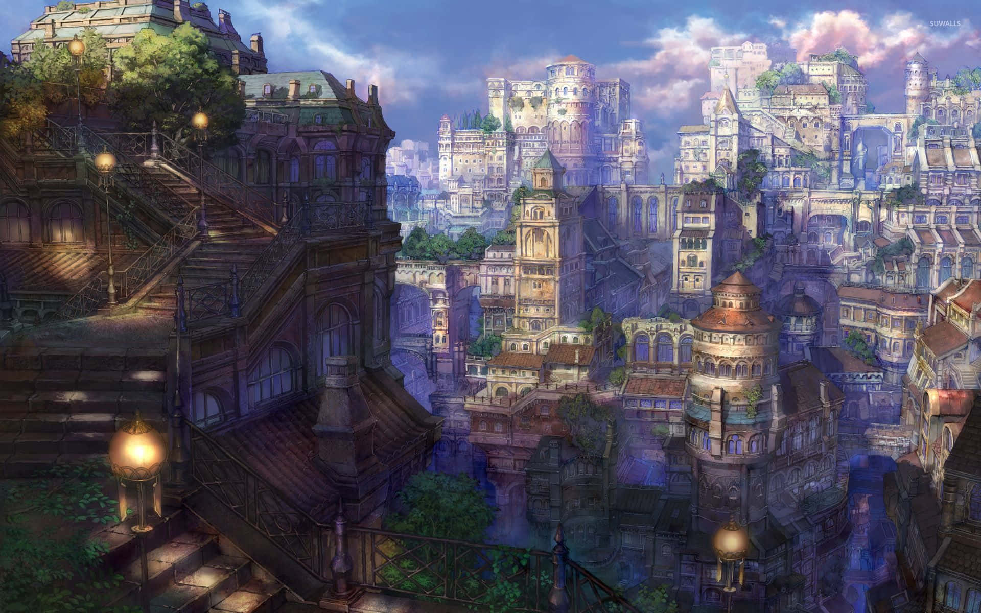 Livlig bysilhuett av en fantastisk animeby Bakgrunner