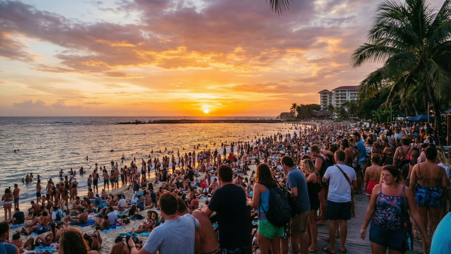 Livlig solnedgang på en travel strand Bakgrunner