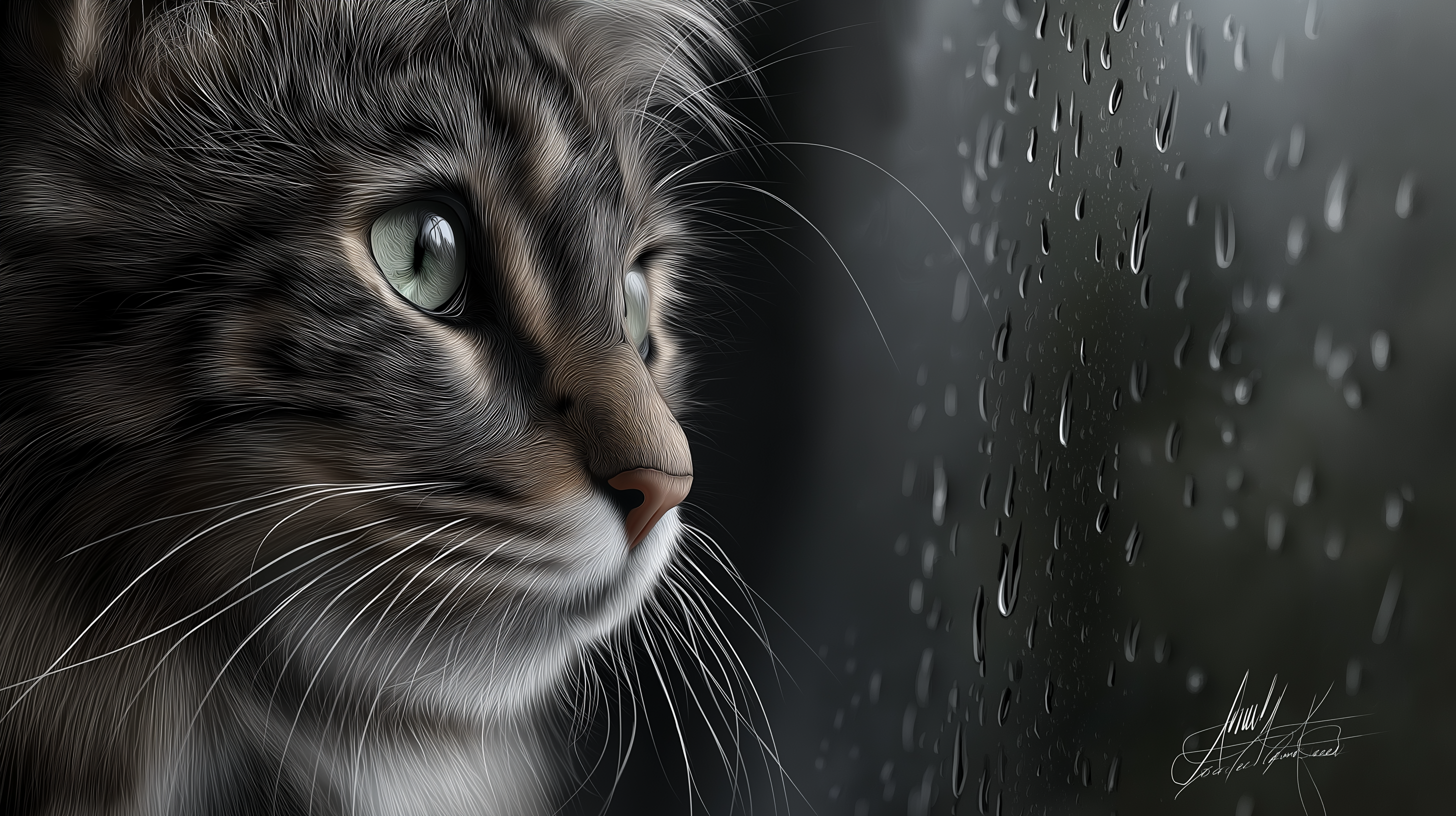 Luftig katt ser ut av regnvindu Bakgrunner