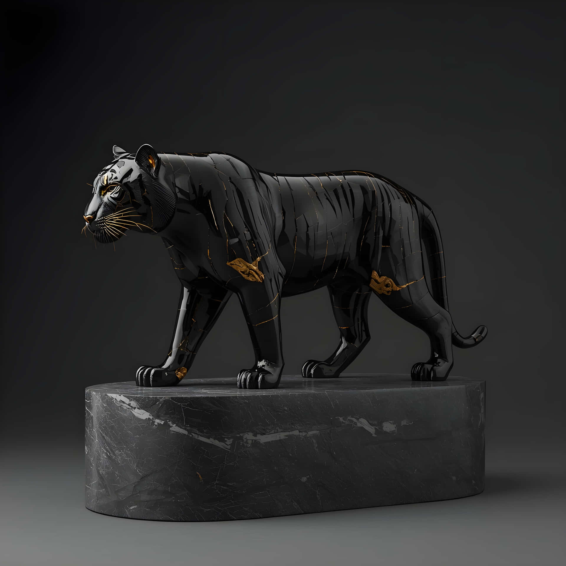 Tiger, Tigerestetikk, Svart, Gull, Svart og gull, Skulptur, Statue, Luksus, Marmor, Kunst, Moderne, Moderne kunst, Elegant, Mørk, Mørk estetikk, Minimalistisk, Dyr, Gylden, Majestetisk, Design — Mørk estetikk GIF Bakgrunner