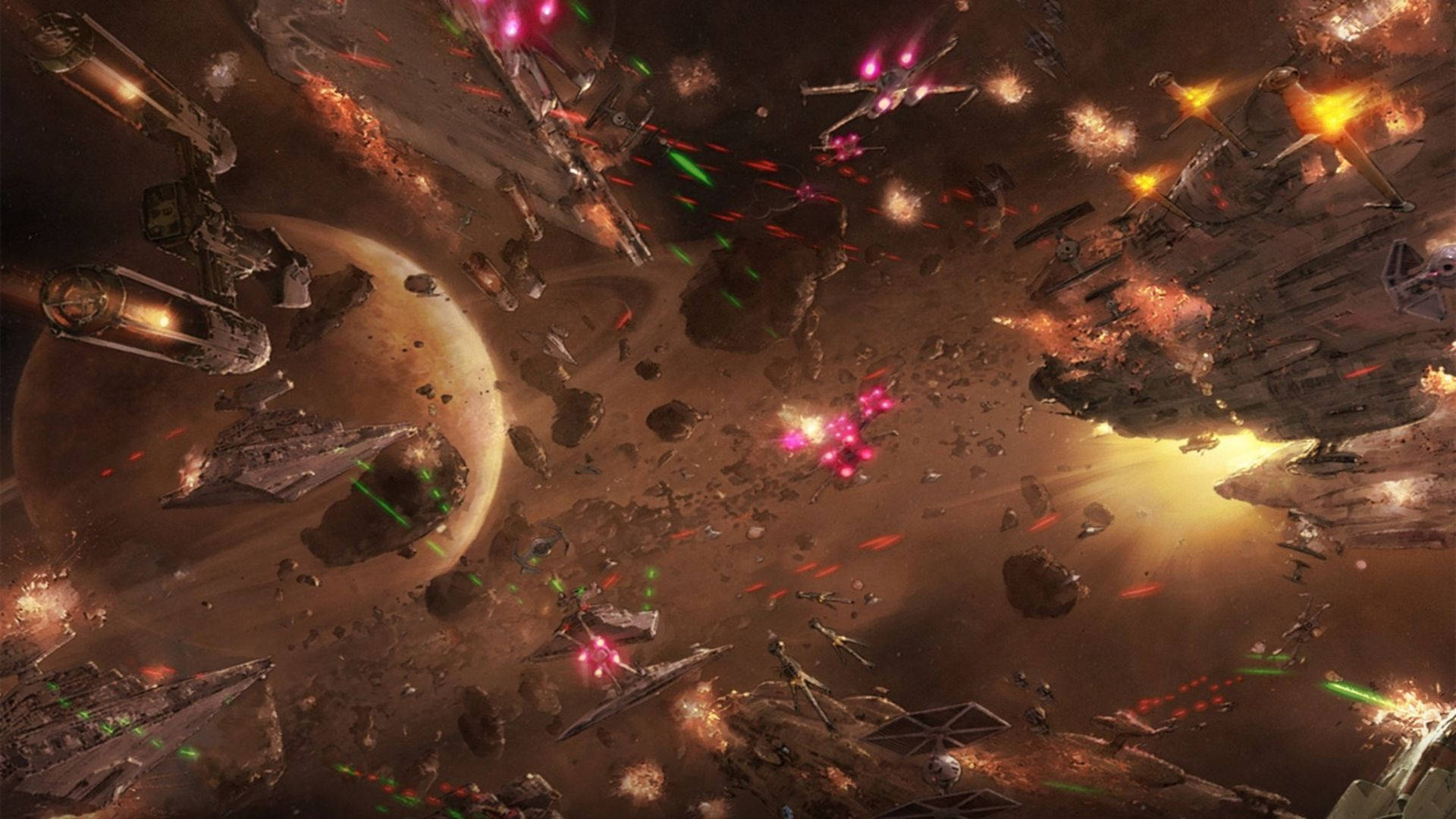 Star Wars-bakgrunnsbilde av romskipskamp i ytre rom, en annen planet.