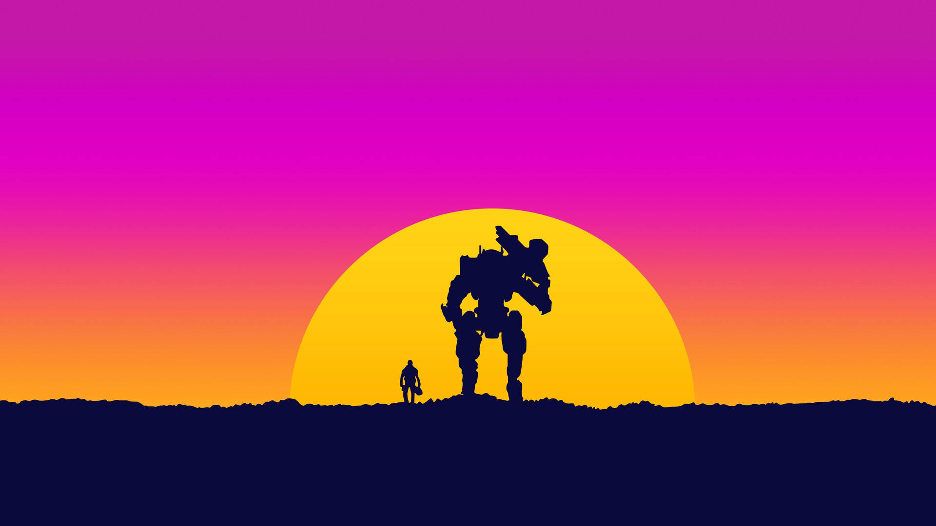 Bakgrunnsbilde av mann og robot som spiller ved solnedgang