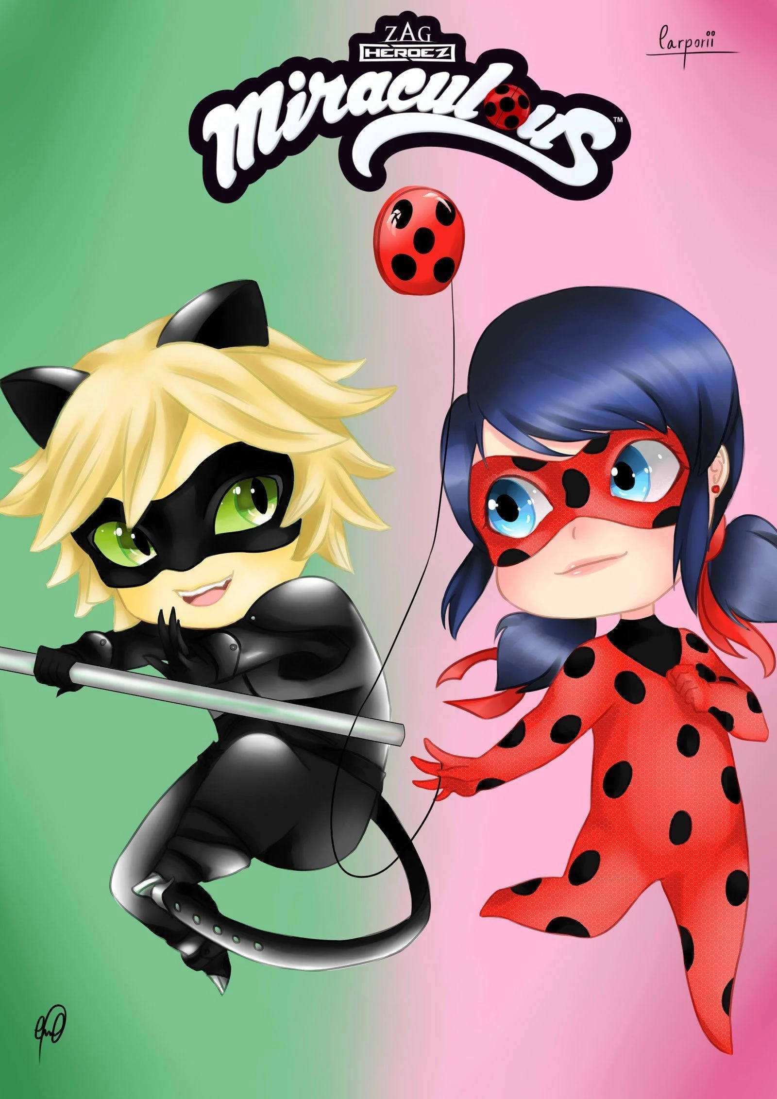 Marihøne og Cat Noir kysser i chibi-stil Bakgrunner